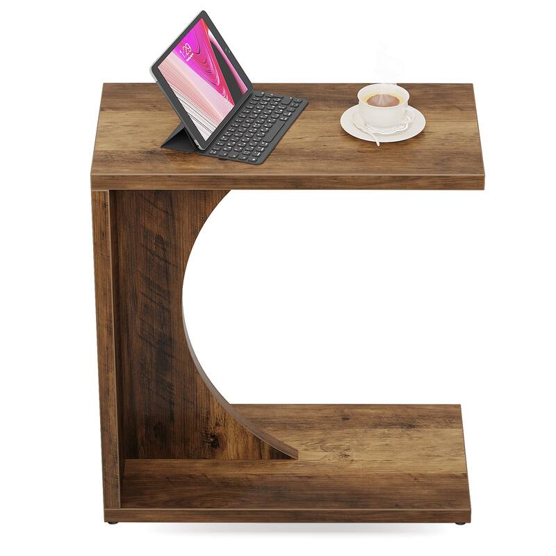 Wood 2-Tier C-Shaped ChairSide End Couch Table (Set of 2)