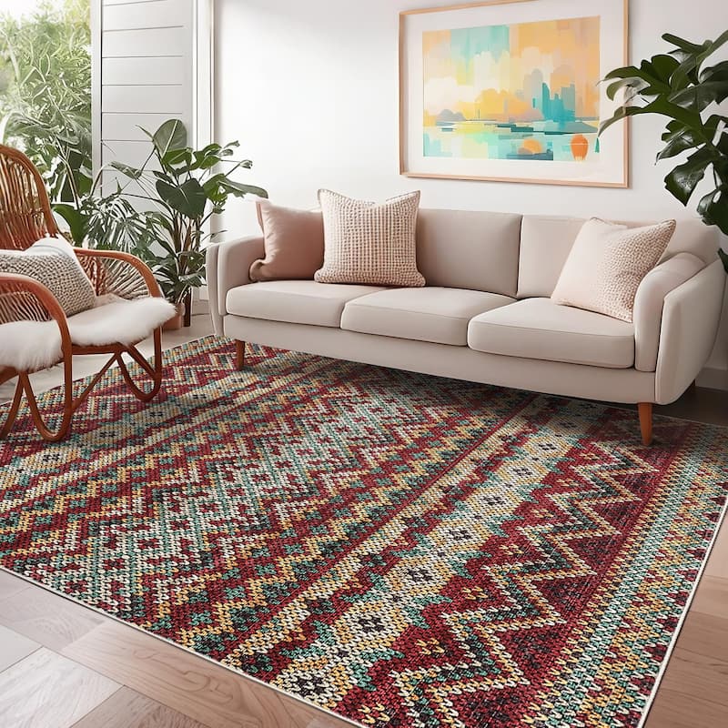 Living Room Rugs Soft Boho Geometric Area Rugs Non-Slip Washable Area Rug for Bedroom Home Office Dining Room - 8'x10' - Dark Red