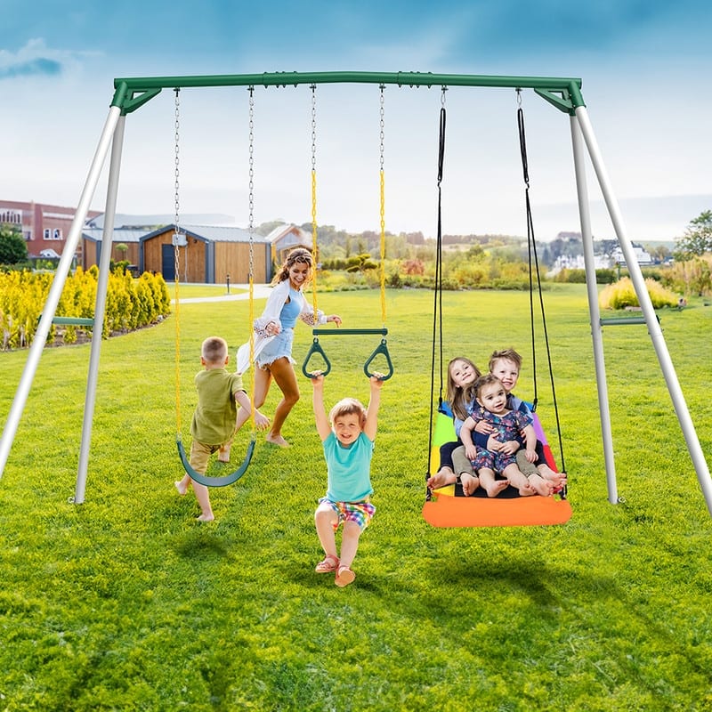 9.5' Heavy Duty Metal Swing set for Backyard with Platform Swing, Belt Swing, and Trapeze Bar