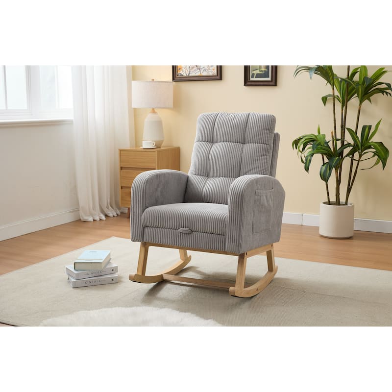 Accent Rocking Chair Rocking Chair with Solid Wood Legs, Upholstered Nursery Glider Rocker, Comfy Armchair with Side Pocket