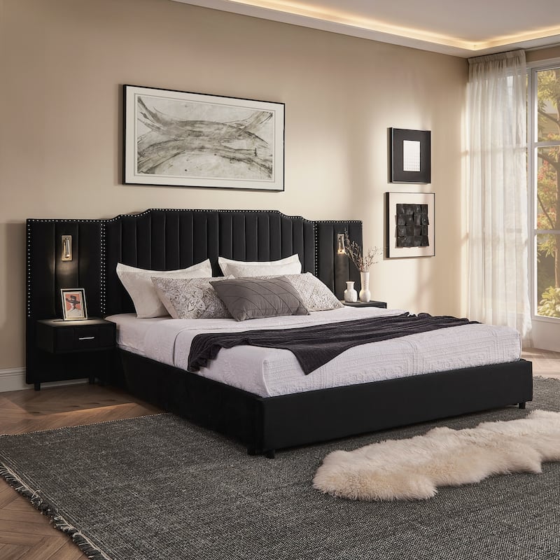 King Size Upholstered Bed Frame with Velvet Fabric - Black