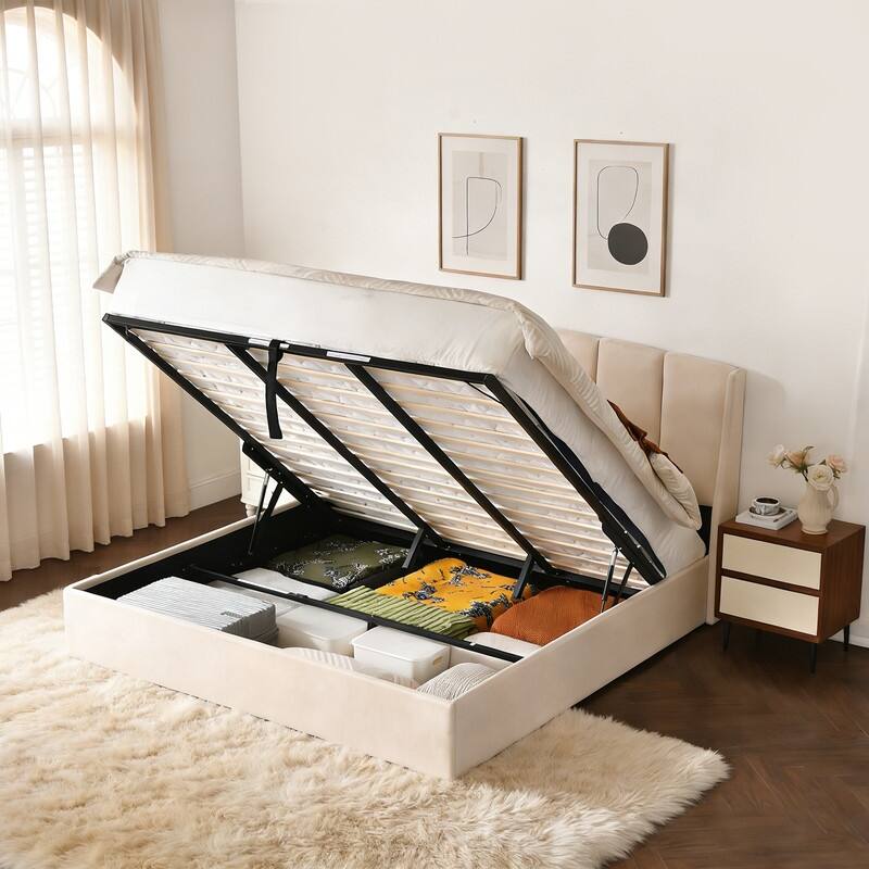 Linen Wingback Hydraulic Lift Up Storage Upholstered Platform Bed