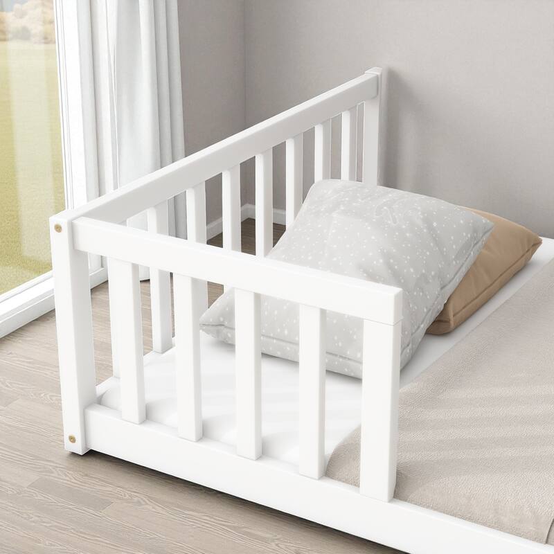 Twin/Full Size Wooden Floor Bed with Bedside Bookcase and Shelves, Low Platform Bed with Guardrails