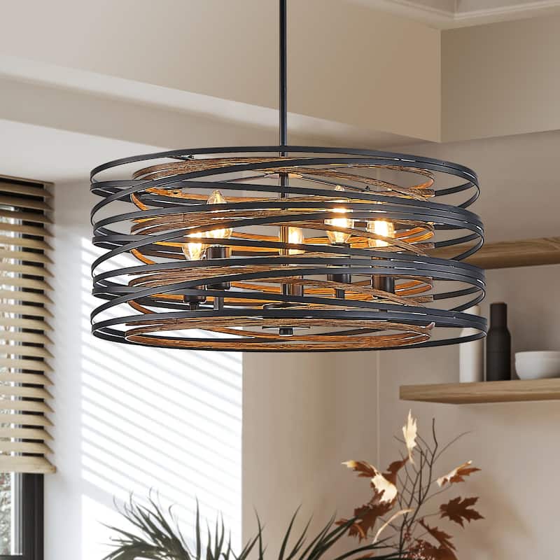 20" Rustic Industrial Pendant Light, 5-Light Black and Walnut Metal Cage Chandelier with Wood Accents (No Bulbs)