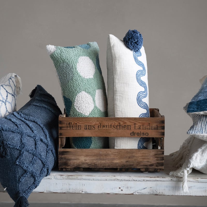 Cotton Lumbar Pillow with Embroidered Curved Pattern & Tassels, Cream Color & Blue