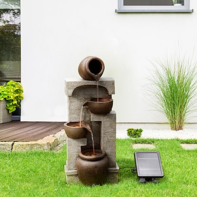 Teamson Home 4-Tier Bowl Solar Waterfall Fountain with Built-In LED Lights - 12"W x 10"L x 28"H