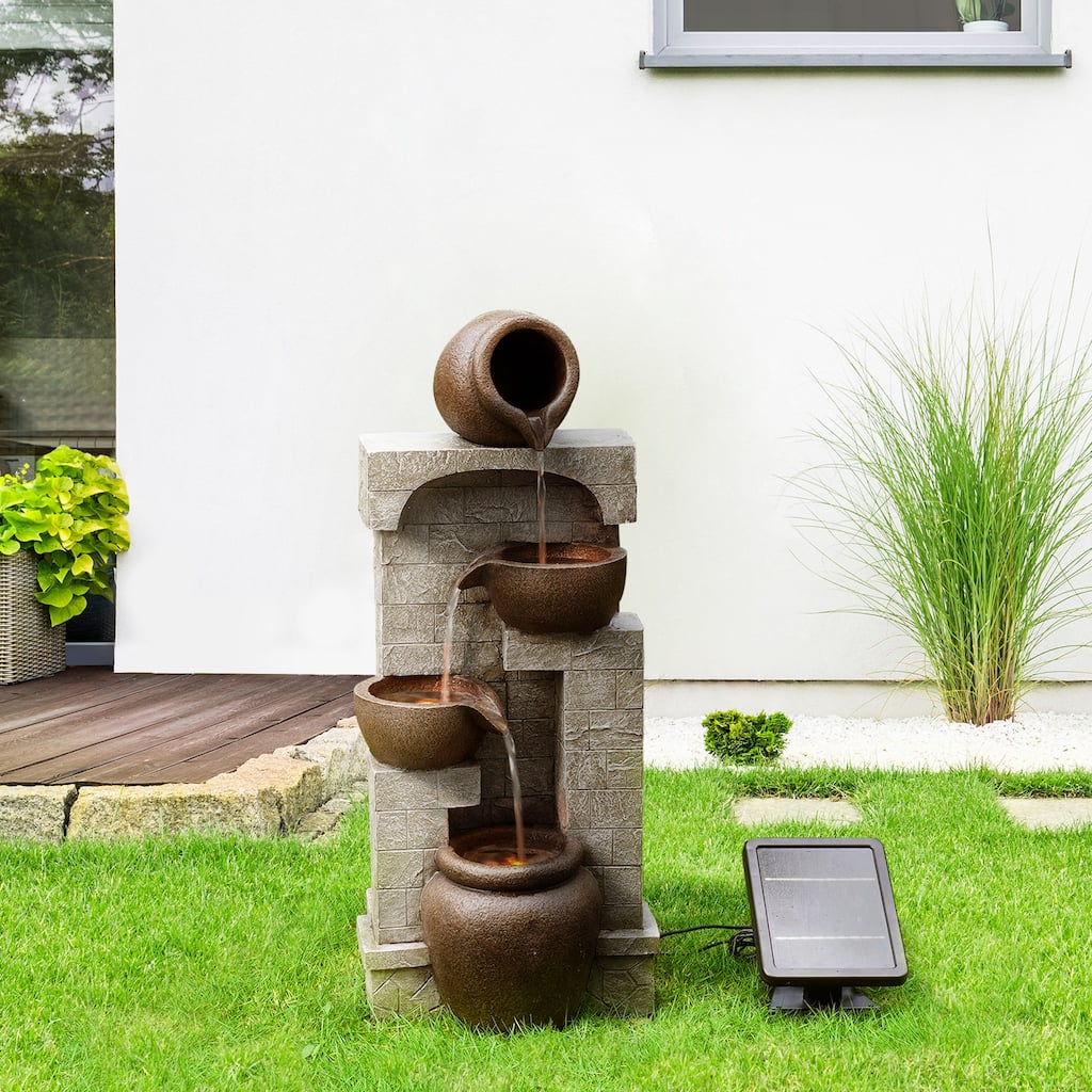 Teamson Home 4-Tier Bowl Solar Waterfall Fountain with Built-In LED Lights - 12"W x 10"L x 28"H