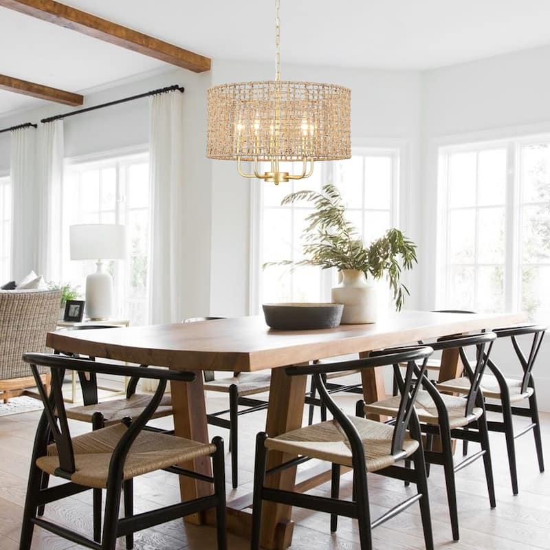 5 - Light Dimmable Drum Chandelier Natural Rattan Bohemian & Coastal Pendant - 18.9 in
