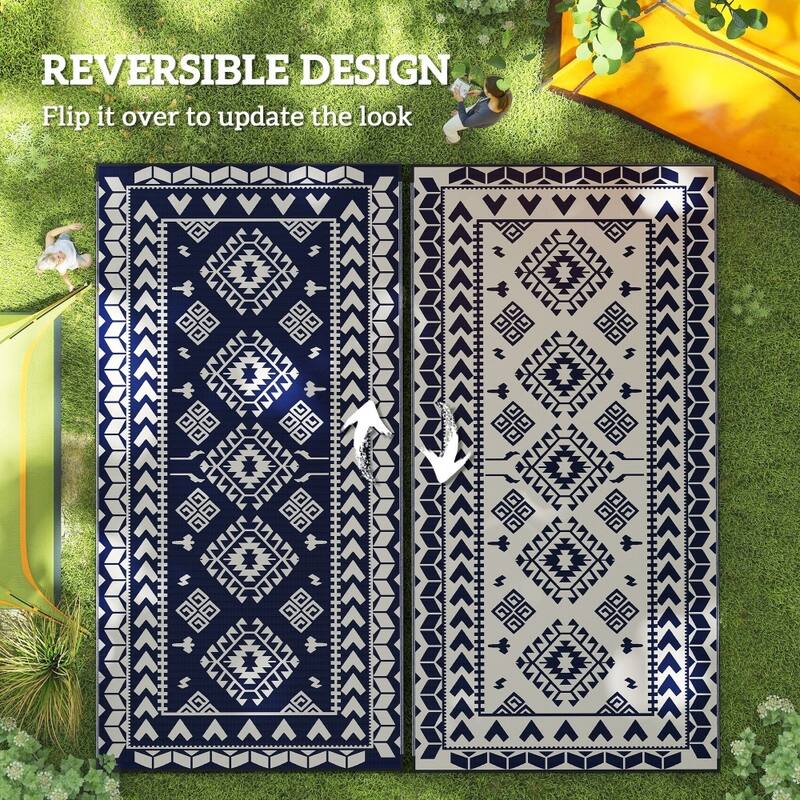 Reversible Outdoor Rug Rhombus Patchwork, UV-Protected, Foldable & Portable Polypropylene Mat - 215.7" L x 107.9" W
