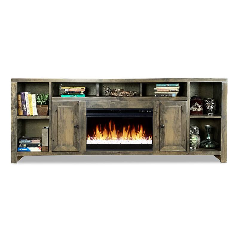 Bridgevine Home Joshua Creek 84 inch Electric Fireplace TV Stand for TVs up to 95 inches, Barnwood Finish