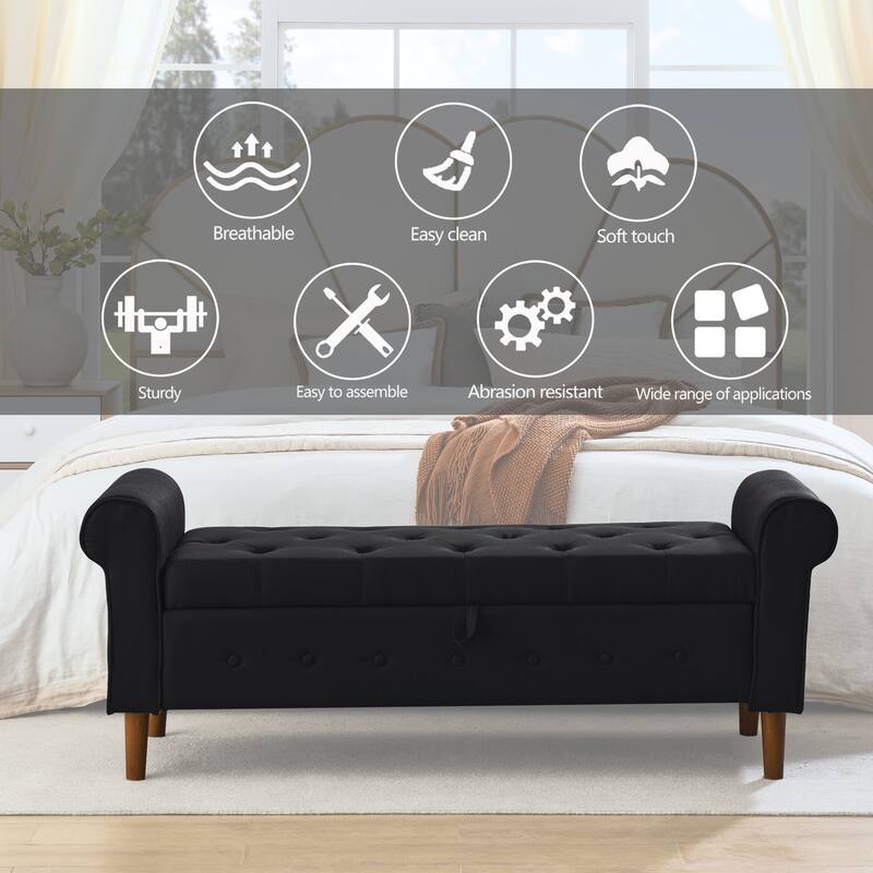 Modern Fabric Upholstered Storage Bench with Tufted Button and Rolled Arm