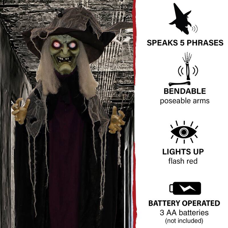 Haunted Hill Farm 6.9-ft. Standing Witch, Indoor/Covered Outdoor Halloween Decoration, LED Red Eyes, Poseable, Spinster