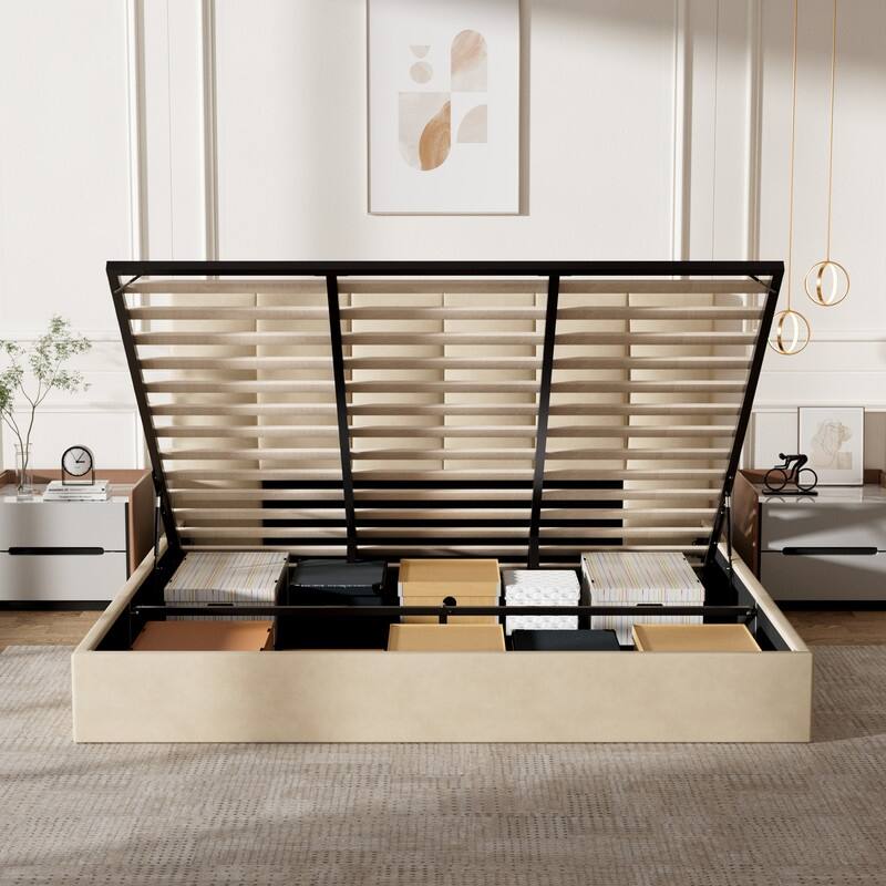 Modern Upholstered Lift-Up Storage Platform Bed with Headboard - Beige - California King