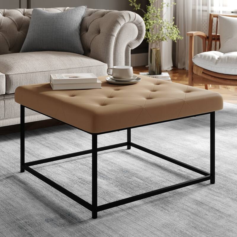 Square Upholstered Tufted Ottoman with Black Metal Frame - Light Brown