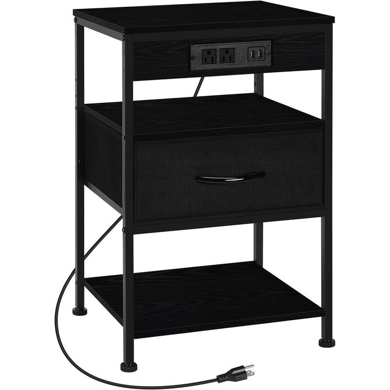 Nightstand with Charging Station with Drawer - Black - 1-PCS