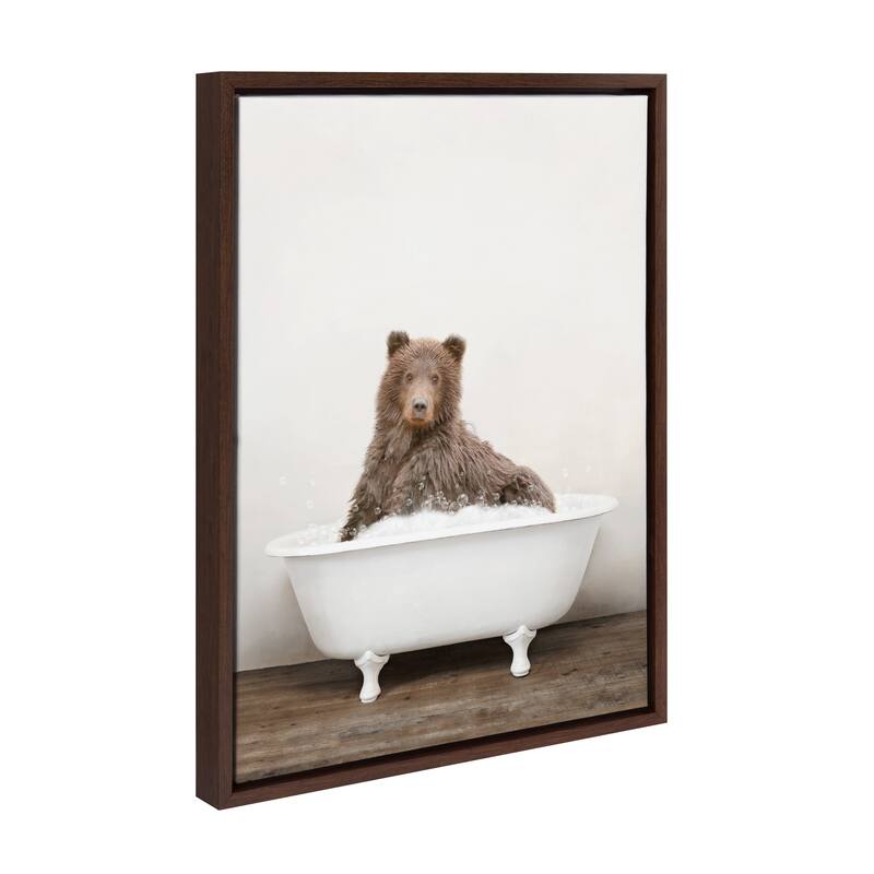 Kate and Laurel Bear Rustic Bubble Bath Framed Canvas by Amy Peterson - Brown - 18x24