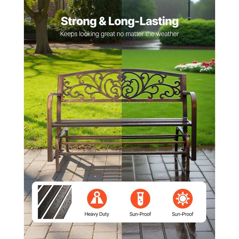 Outdoor Patio Glider Bench 50” with Metal Frame and Cast-Iron Backrest for Garden Seating - 50” x 27.2” x 33.7”