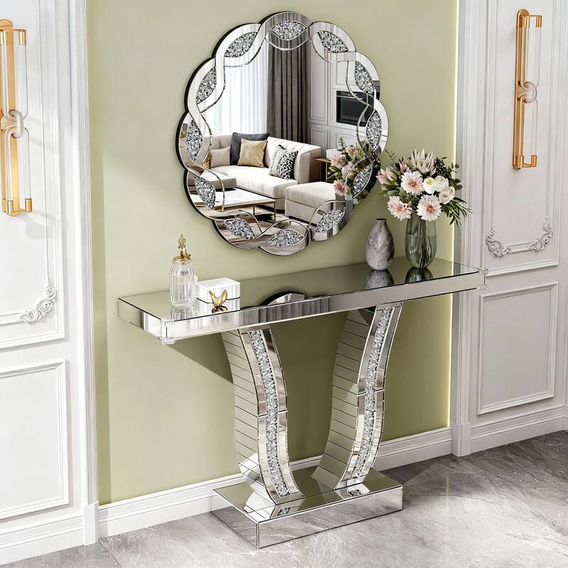 43 Inch Mirrored Console Table, Modern Silver Entryway Sofa Table with Curved Stone-Inlaid Legs, Silver Glam Entryway Table - Silver