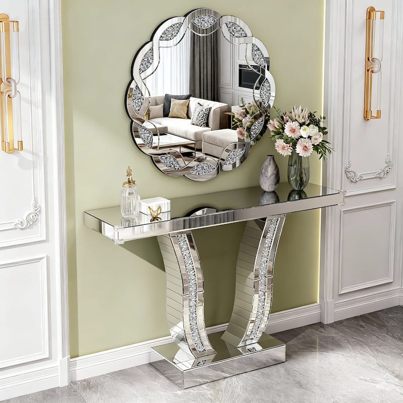 GDFStudio - Glam Silver Crush Diamond Round Wall Mirror with Wave Frame - 31.5 Inch