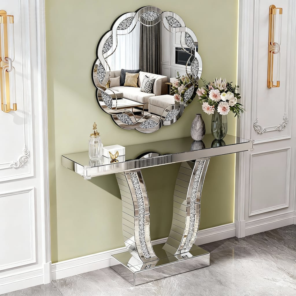 Roomfitters 43" Mirrored Console Table, Modern Silver Entryway Sofa Table with Curved Stone-Inlaid Legs, Silver