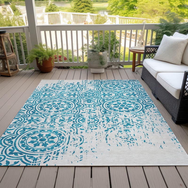 Machine Washable Indoor/ Outdoor Chantille Suzani Vintage Rug - Teal - 8' x 10'