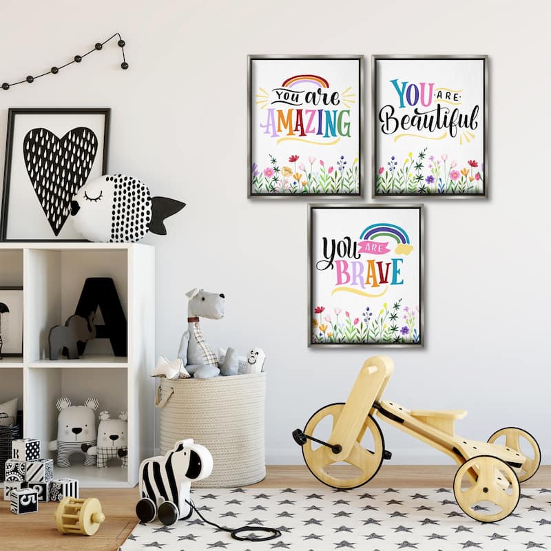 Stupell Confidence Sentiments with Florals Framed Floater Canvas Wall Art Design By Kim Allen (Set of 3)