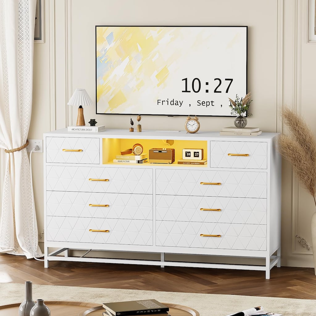 8 Drawer Dresser with LED Light and Power Outlet, Modern Storage Dresser and 55" TV Stand