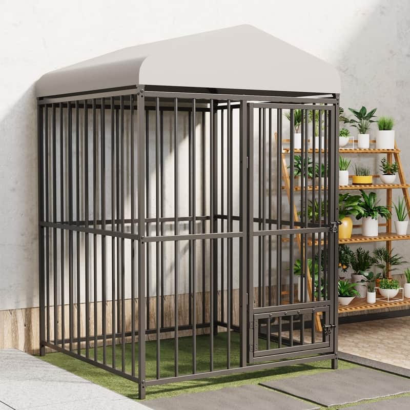 Dog Cage Kennel with Rotating Feeding Bowl Waterproof Roof Cover