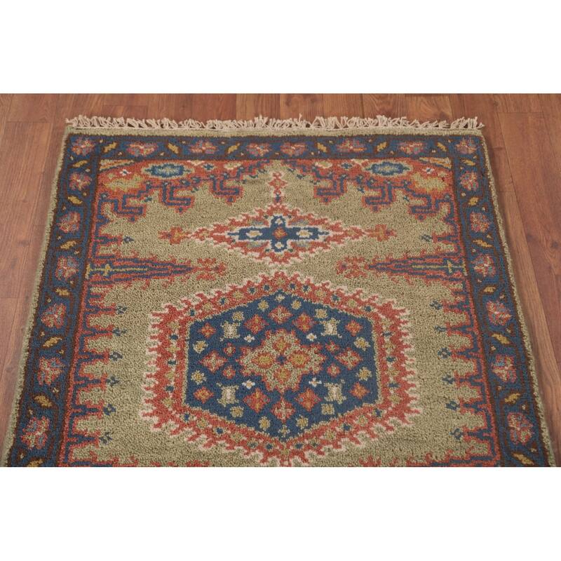 Green Geometric Kazak Oriental Runner Rug Wool Carpet - 2'6"x 9'9"