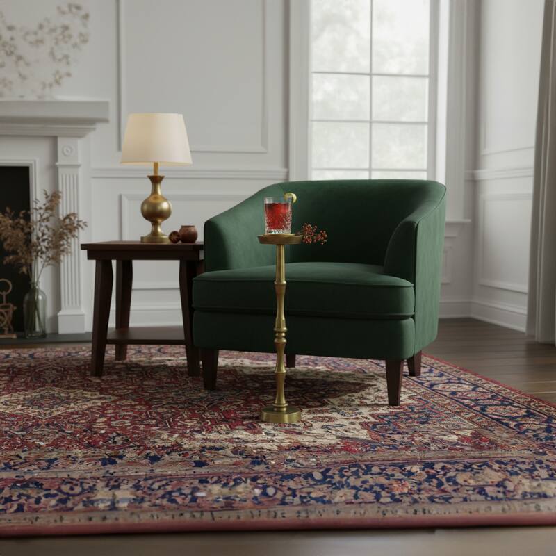 26 Inch Side End Drink Table, Turned Pedestal Metal Base, Round Top, Oxidized Brass