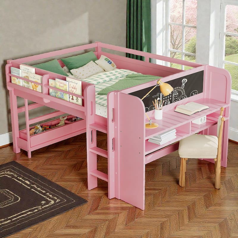 Low Loft Bed with Desk, Storage Bookcases, Drawers & Boxes, Solid Wood Kids Loft Bed with Blackboard Shelf