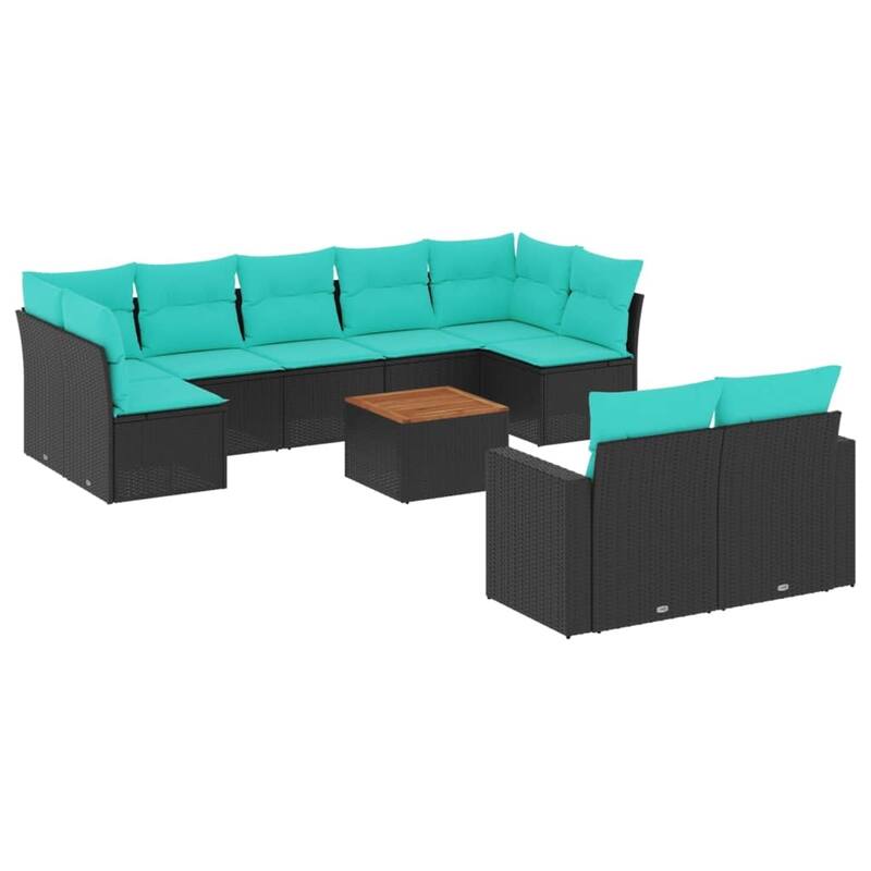 vidaXL 10 Piece Patio Sofa Set with Cushions Black Poly Rattan - 24.4 x 24.4 x 27.2 (W x D x H)