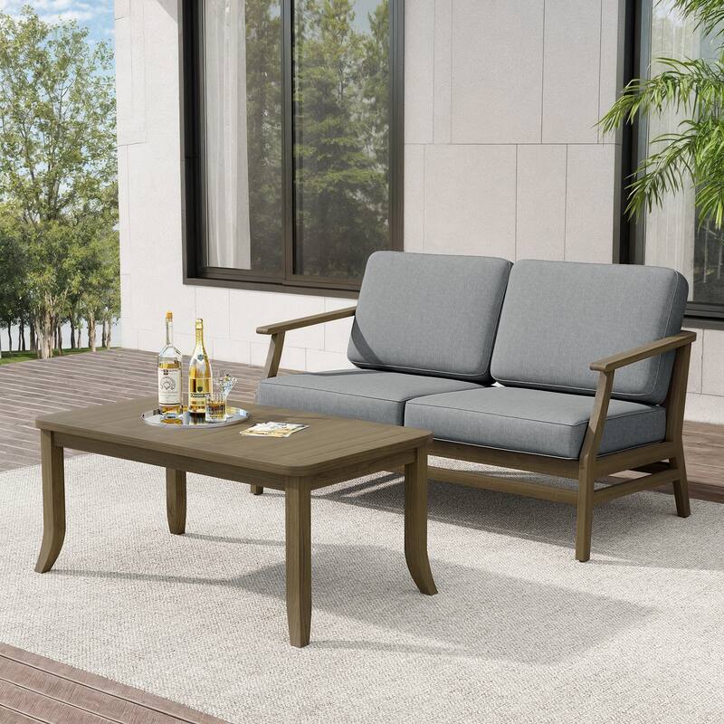 Teak Outdoor Patio Loveseat and Coffee Table Set (2-Piece) - Light Grey - Natural Wood