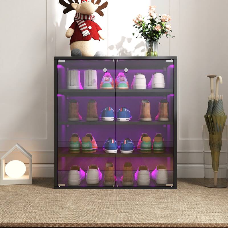 Wooden Stackable Shoe Storage Box with Glass Door - Black