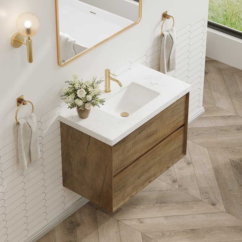 24"30"36"48"60"72" Floating Bathroom Vanity Engineered Stone Top with Rectangular Ceramic Undermount Sink