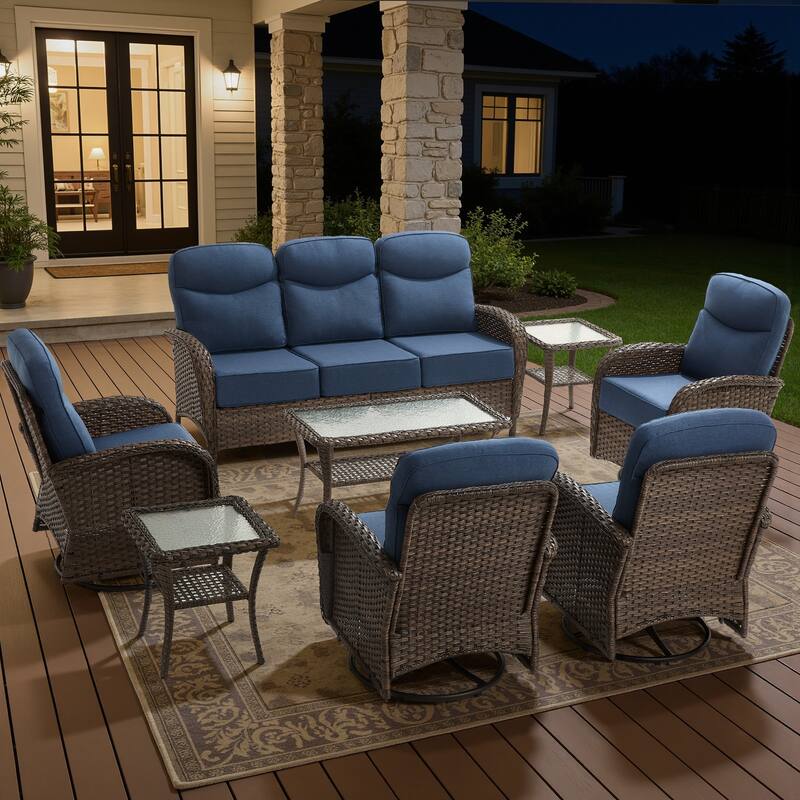 Luna 8-Piece Wicker Patio Conversation Set with Swivel Gliders and 6-Inch Thick Olefin Cushions