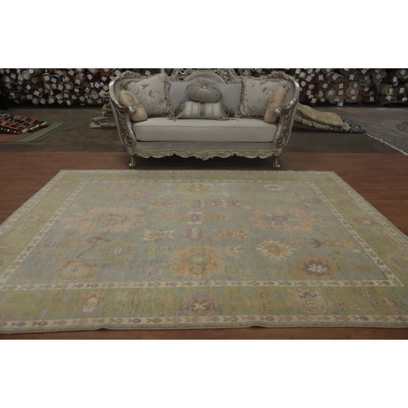Handmade Gray Oushak Vegetable Dye Area Rug, Floral Geometric Carpet - 10' 0'' X 8' 0''