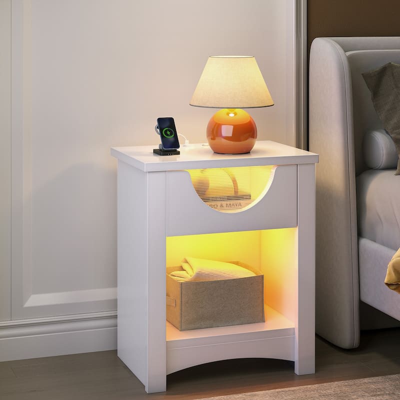 Bestier Night Stand with Charging Station, LED Modern End Table Bedside Table with Drawer for Bedroom & Living Room