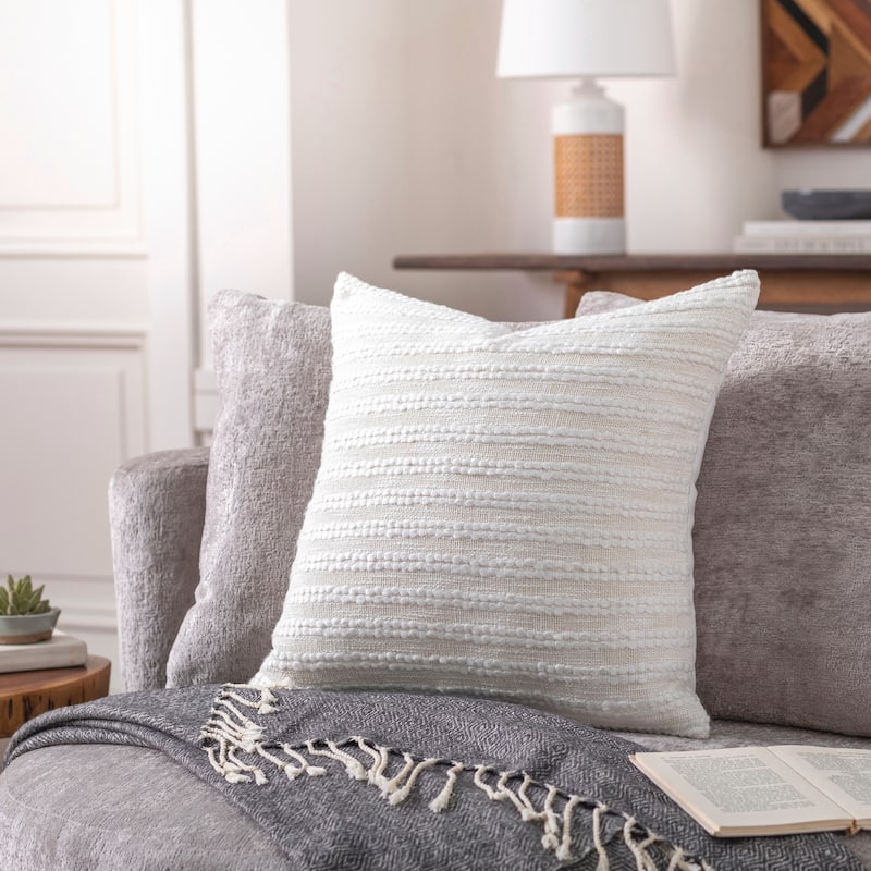 Montoya Embroidered Stripe Coastal Throw Pillow - 22"H x 22"W - Polyester - White