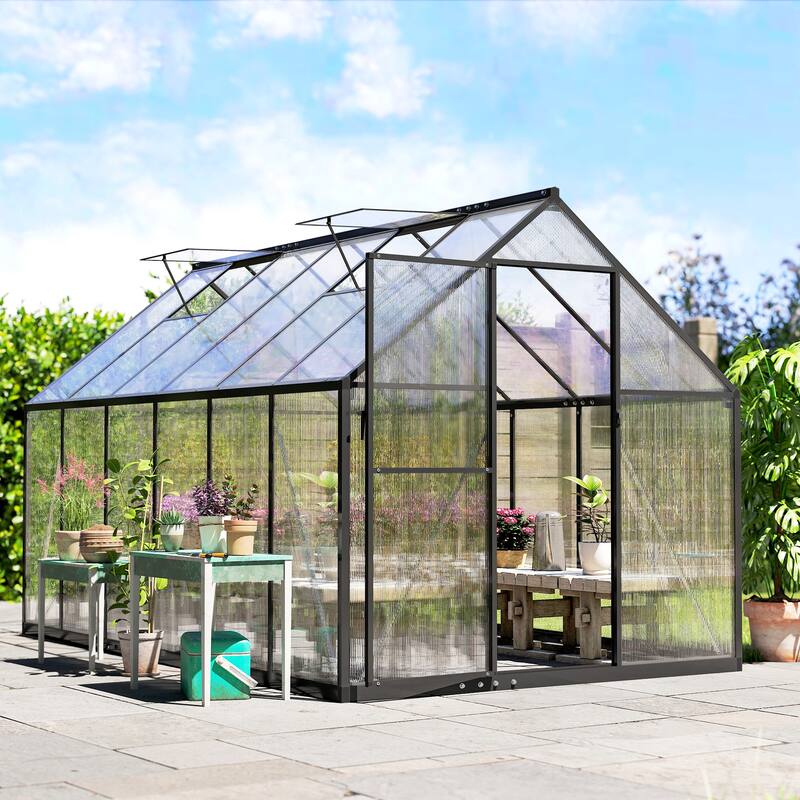 Outsunny 11x6 ft Polycarbonate Greenhouse with Swing Door and Two Adjustable Roof Vents, Aluminum Walk-in Greenhouse