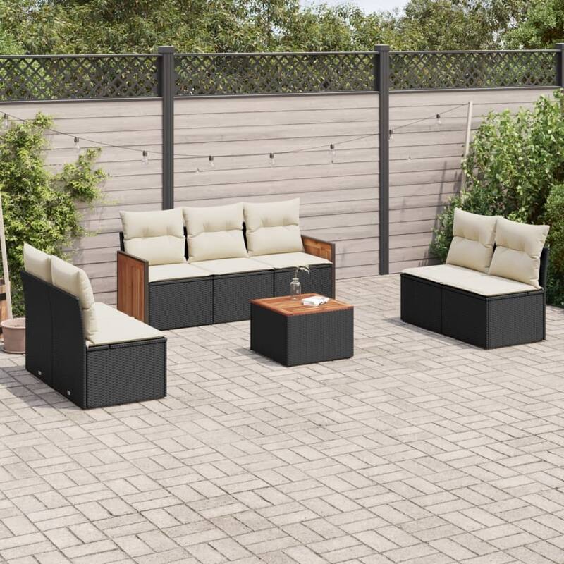 vidaXL Patio Sofa Set with Cushions Outdoor Conversation Furniture Poly Rattan - Black and cream with table - 21.7 x 21.7 x 14.6 in