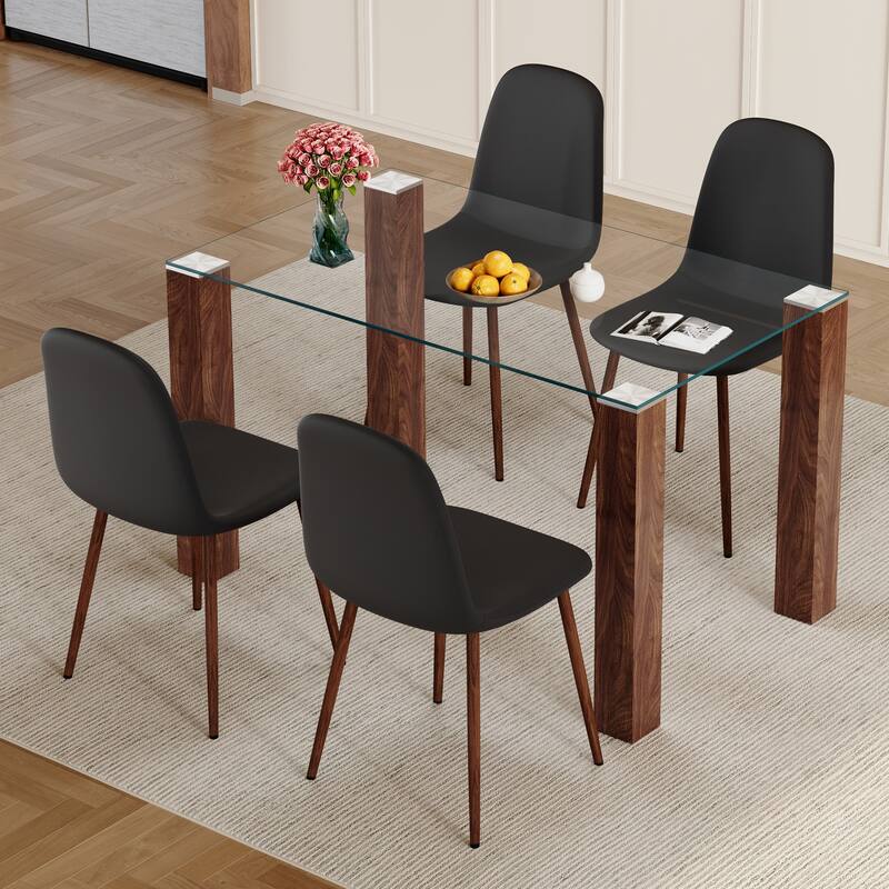 Roomfitters 5pcs Tempered Glass Dining Table Set with Walnut MDF Legs and Linen Upholstered Chairs, Black