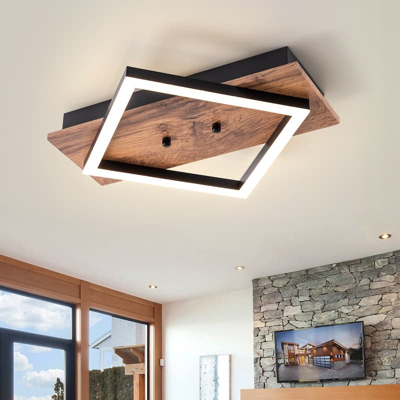 Farmhouse Integrated LED Rectangle Wood Flush Mount Hallway Entryway Light - W13.2"
