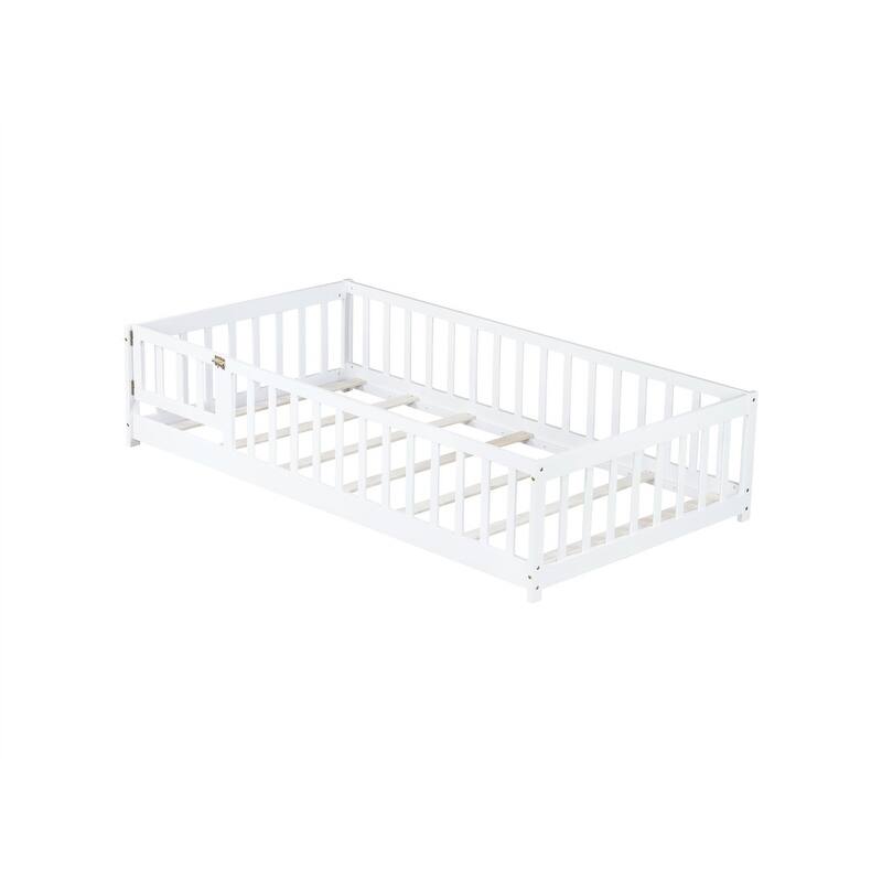 Twin/Full/Queen Size Floor Bed with Fence Guardrails and Door, Rubber Wood Toddler Bed Montessori Bed with Slats Support