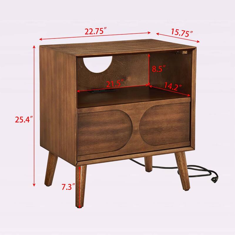 Mid Century Modern Fluted Nightstand with Charging Station,Open Space and Drawer