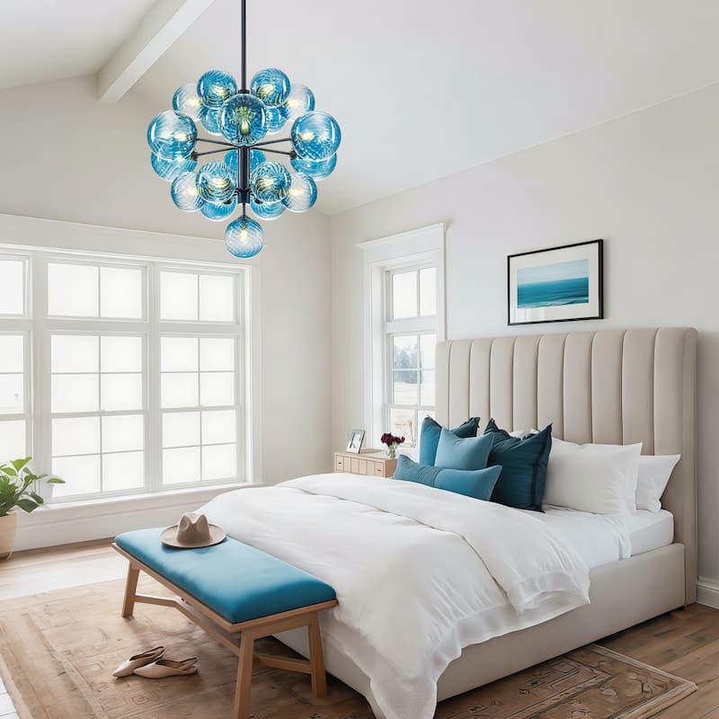 Starsky 19-Light Glam Tiered Cluster Blue Swirled Bubble Chandelier