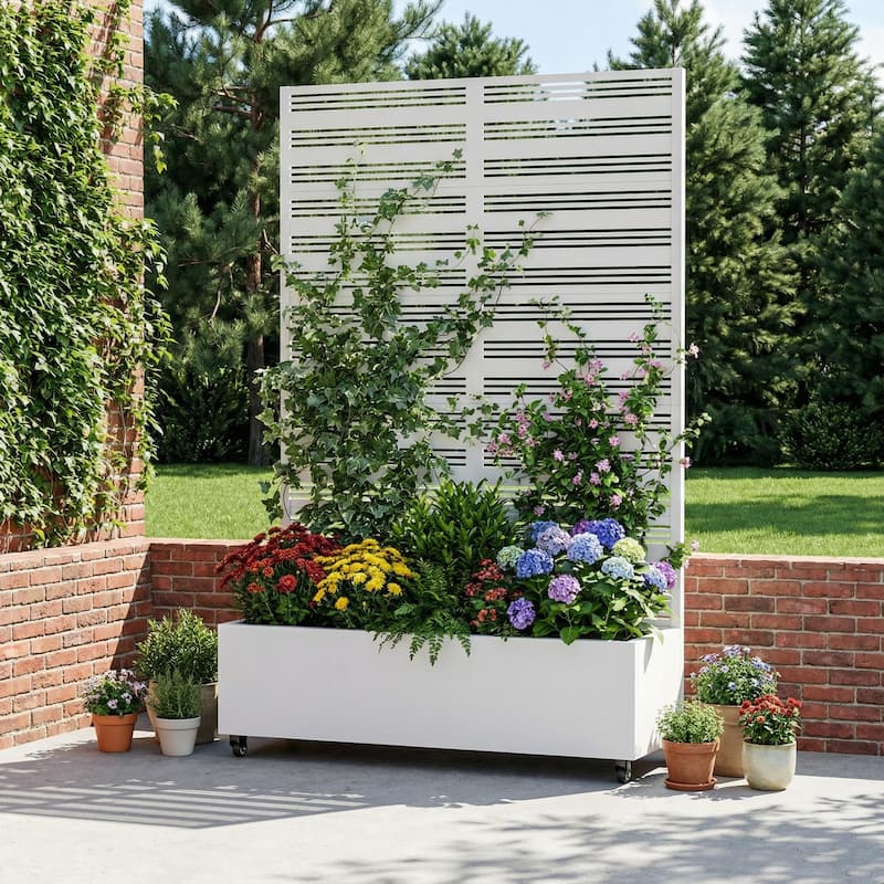 Outdoor Metal Galvanized Privacy Screen Planter Box with Trellis Lockable Wheels