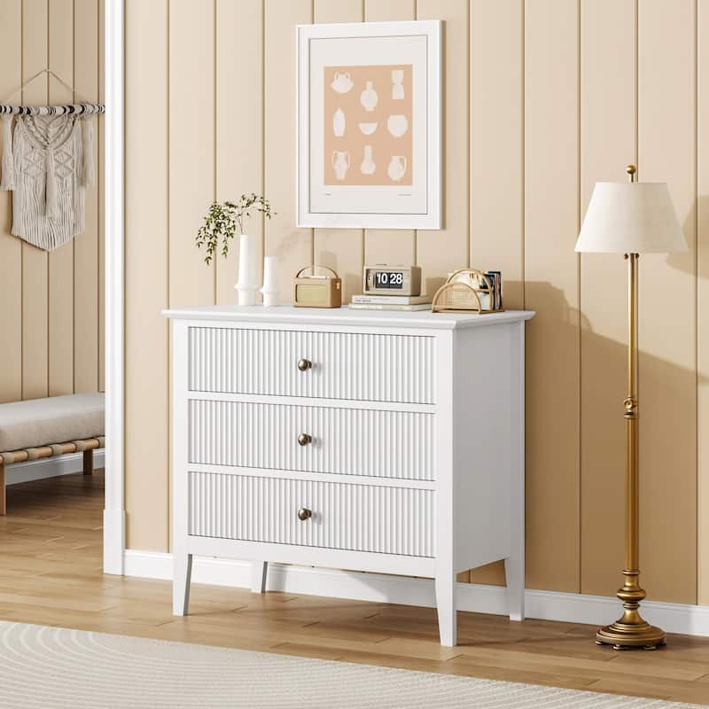 3 Drawer Fluted Dresser, Wide Wood Chest of Drawers with Metal Legs