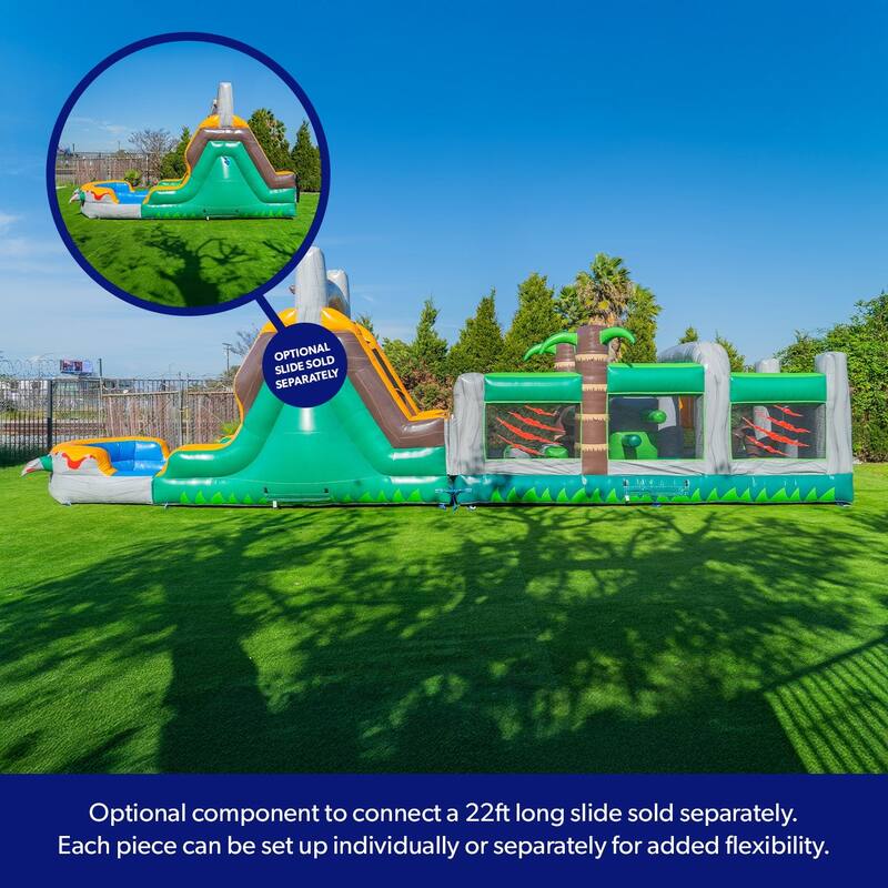 HeroKiddo T-Rex Adventure 20' Inflatable Obstacle Course, Commercial Grade PVC Vinyl, for Kids and Adults, with Air Blower