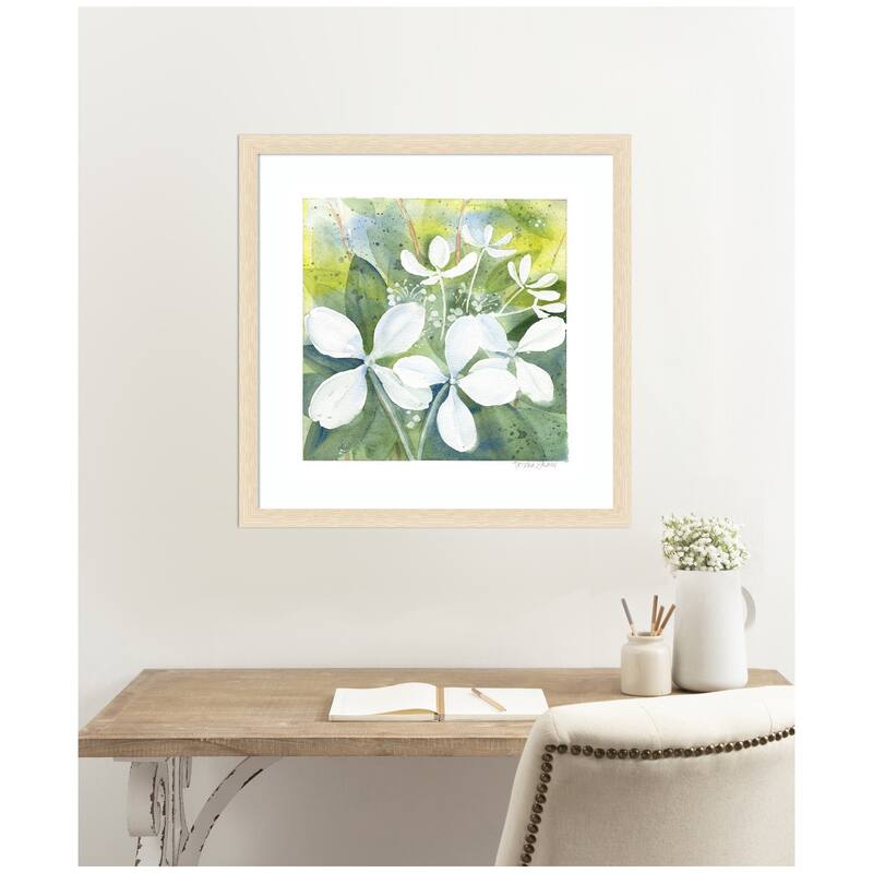 Kate and Laurel Framed Art White Phantom Hydrangea in Greens by Patricia Shaw